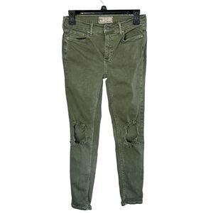 Free People SZ 27 Skinny Jeans Hi-Rise Distressed/Rips Stretch Zip Olive Green